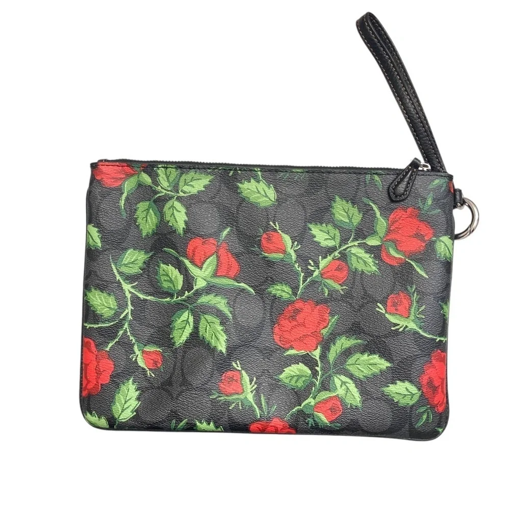 Coach large signature black gray red floral wristlet clutch bag